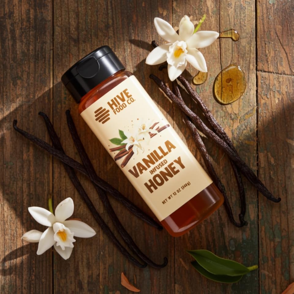 HIVE Food Co. Infused Honey – 100% Pure American Raw & Unfiltered with Gourmet Natural Flavors – Small Batch Artisan Honey in 12oz Squeeze Bottle (12 oz, Vanilla)