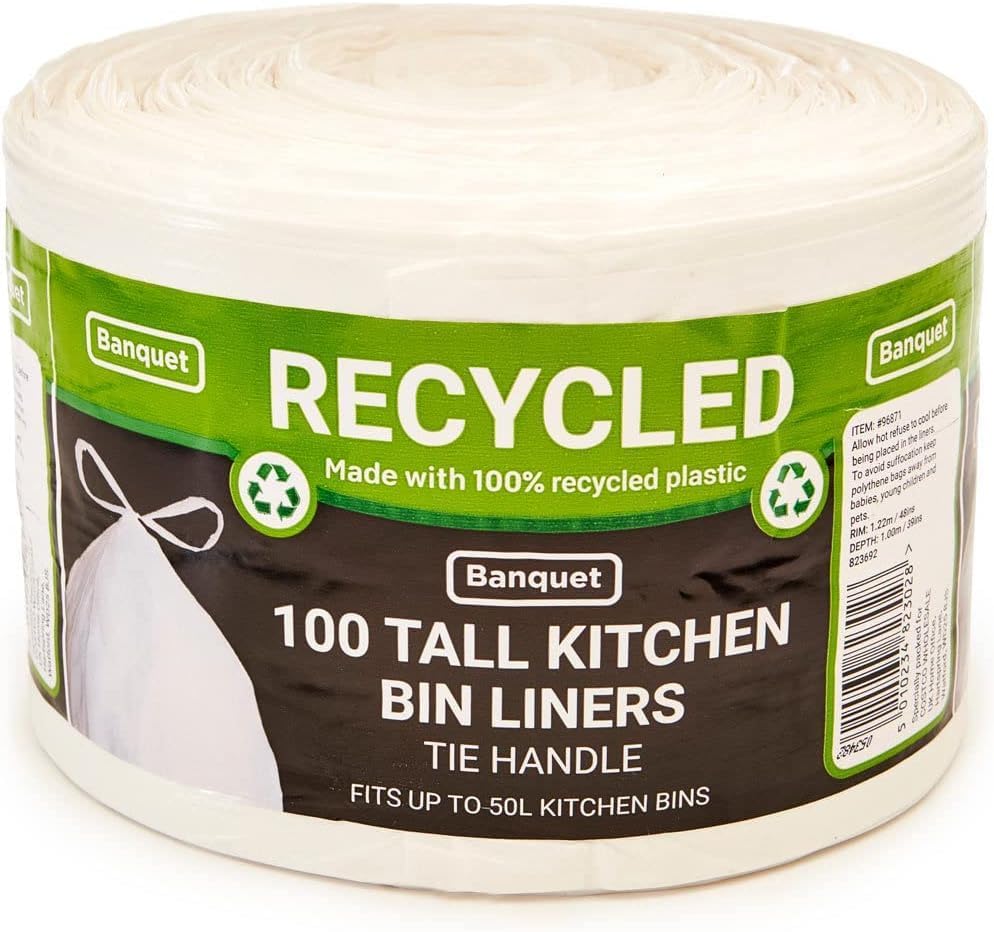 Banquet Recycled 100 Tie Handle Tall Kitchen Bin Liners, White (2 Pack - 200 Bags)