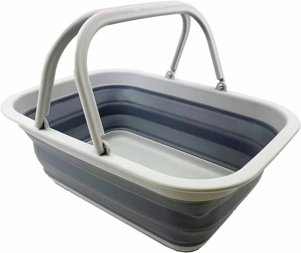 SAMMART Collapsible Plastic Tub with Handle 9.2L (2.3 gallons) - Portable Outdoor Picnic Basket/Crate - Foldable Basin for Washing Dishes,Camping,Hiking (Grey/Dark Grey)