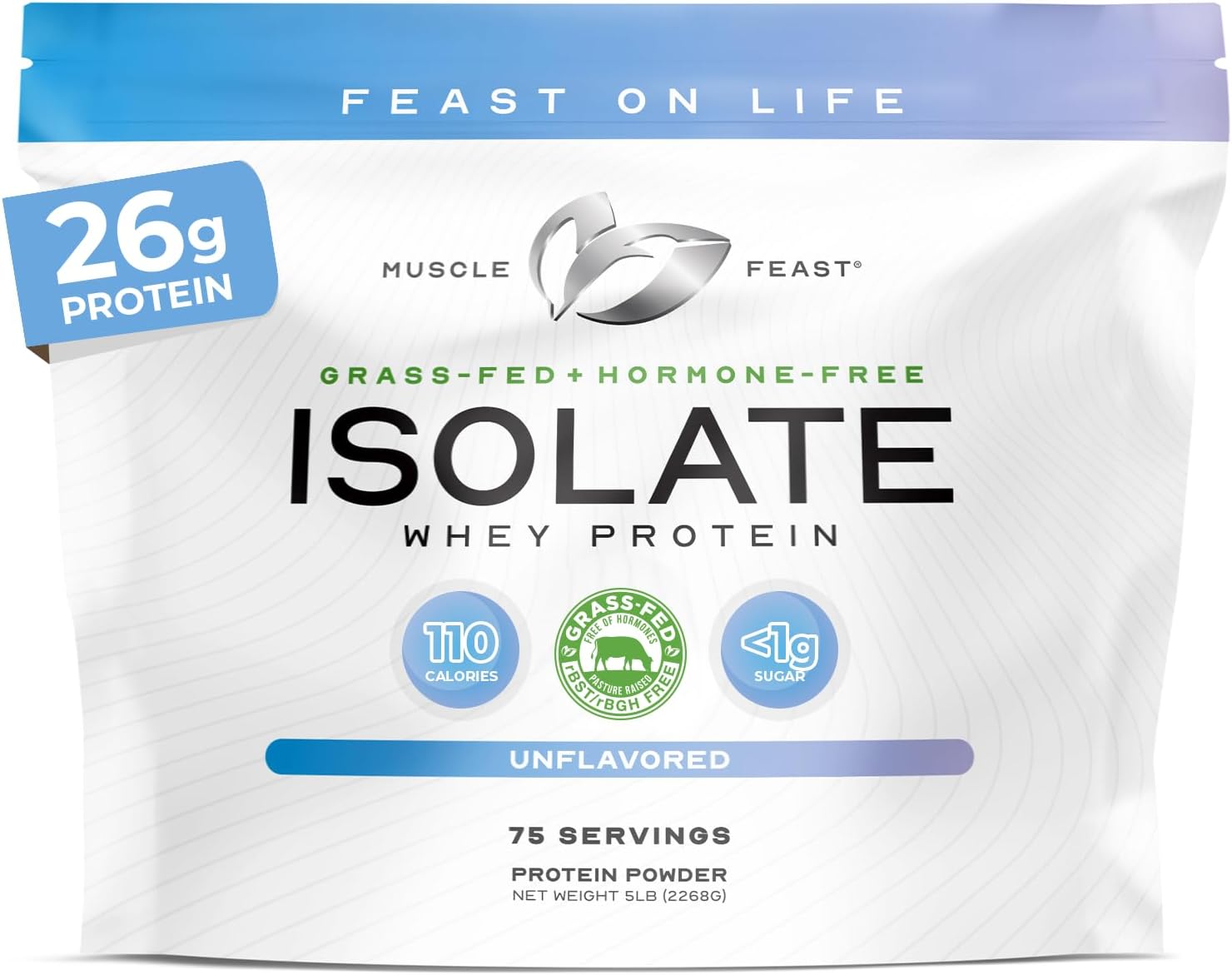 Muscle Feast Grass-Fed Whey Protein Isolate, All Natural Hormone Free Pasture Raised, Whey Isolate Protein Powder for Men and Women, Clean, Non-GMO & Gluten-Free, Isolate Protein - Unflavored, 5lb