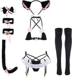 ABAFIP Women's Cute Anime Kawaii Cat Kitten Cosplay Strappy Lingerie Halter Micro Bra Panty Headband Garter Stockings Set