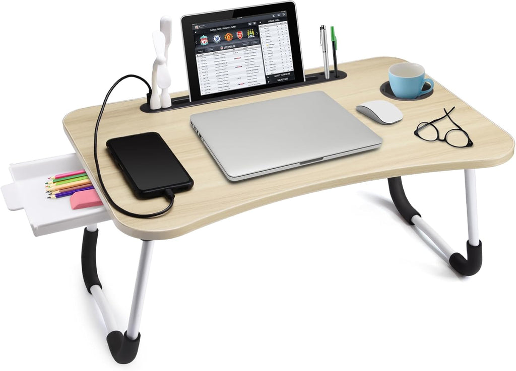 Slendor Lap Desk with Tablet Slot, Foldable Laptop Table with Storage Drawer，Portable Bed Desk for Laptop, Computer Tray with Cup Holder Notebook Stand Reading Holder for Couch Floor, White Maple