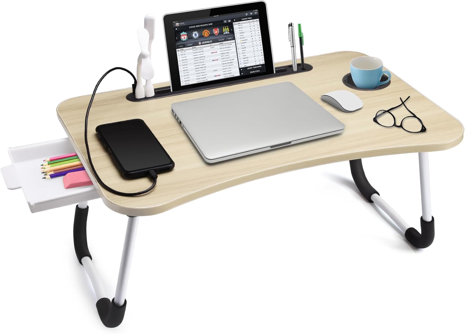Slendor Lap Desk with Tablet Slot, Foldable Laptop Table with Storage Drawer，Portable Bed Desk for Laptop, Computer Tray with Cup Holder Notebook Stand Reading Holder for Couch Floor, White Maple