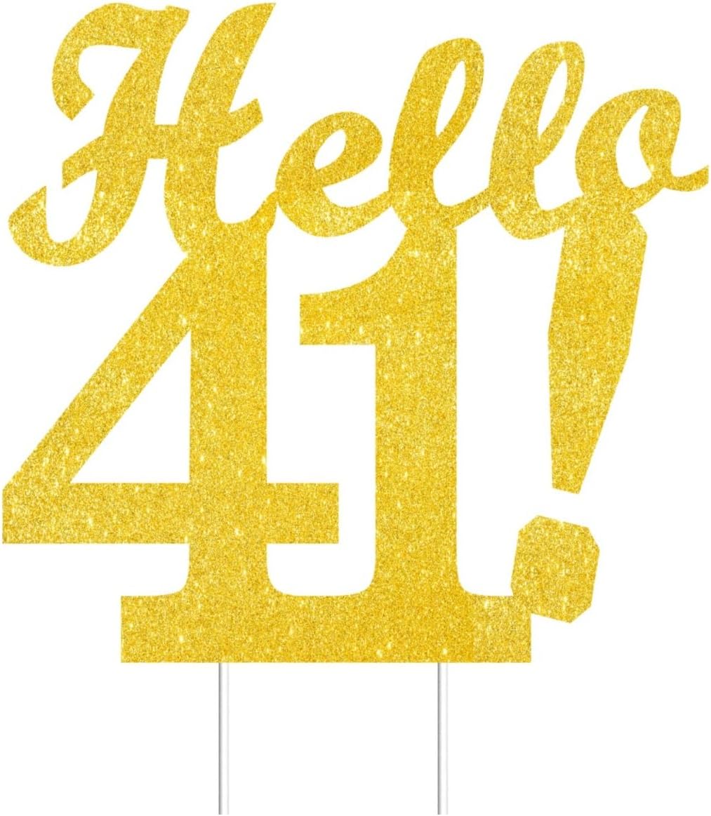 Hello 41 Cake Toppers Gold Glitter, Happy 41st Birthday Cake Decorations Cheers to 41 Years Party Decor, Forty-one Year Old Theme Birthday Anniversary Party Supplies