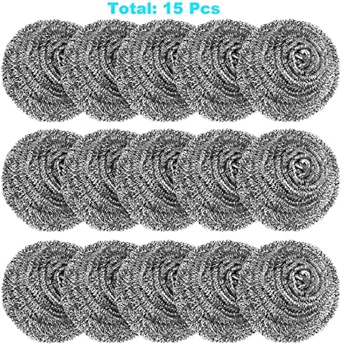15 Pack Steel Wool Scrubber, Metal Kitchen Scrubbing Sponges, Dishwashing Scouring Pads Heavy Duty, Premium Stainless Steel Scrubbers for Cleaning Dishes Pots and Pans Bathroom Oven (Sliver) by VOPTON