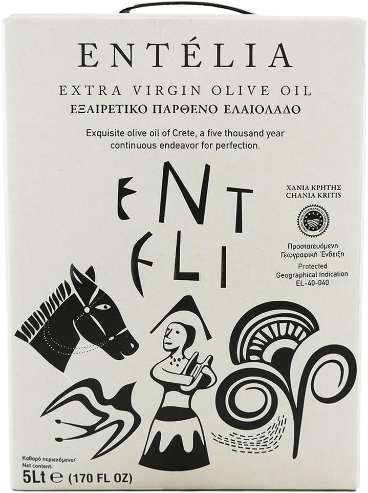 Entelia 5L Bag-in-Box Extra Virgin Olive Oil from Crete, Greece | 169 fl oz (5 Liters), Cold-Pressed, High Polyphenols (489mg/kg) | Koroneiki Olives, Low Acidity (0.28%) for Cooking & Dressings