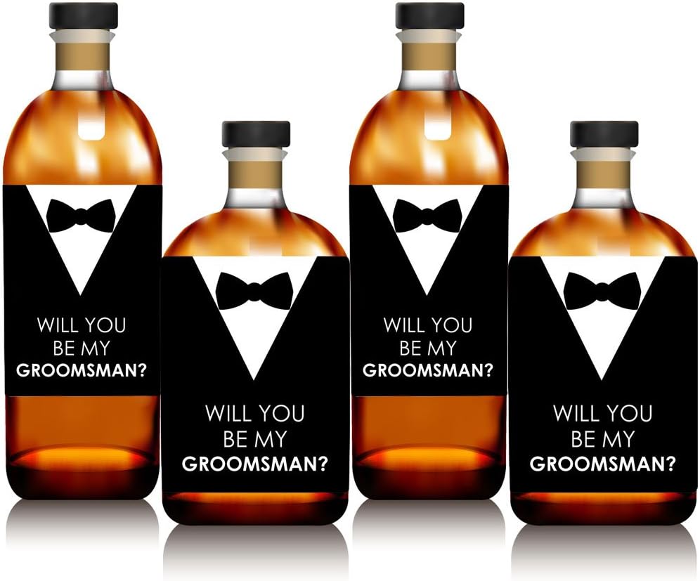 Suit Up - Will You Be My Groomsman Gift for Men - Whiskey or Wine Bottle Label Stickers - Set of 4