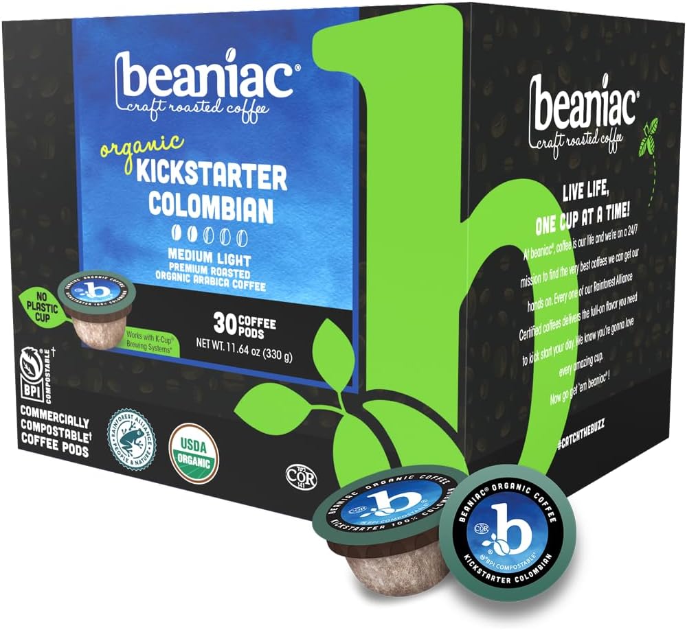 beaniac Organic Kickstarter Colombian, Medium Light Roast, Single Serve Compostable K Cup Coffee Pods, Organic Arabica Coffee, Keurig Brewer Compatible, 30 Count