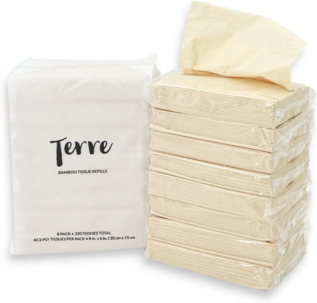 Terre Bamboo Car Tissue Refills, 3-Ply, Unbleached, PFAS Free, 8 Pack (320 Sheets), FSC-Certified, Facial Tissues Refills for Car Visor Tissue Holder, Travel Tissue Tubes Box Container, Sustainable