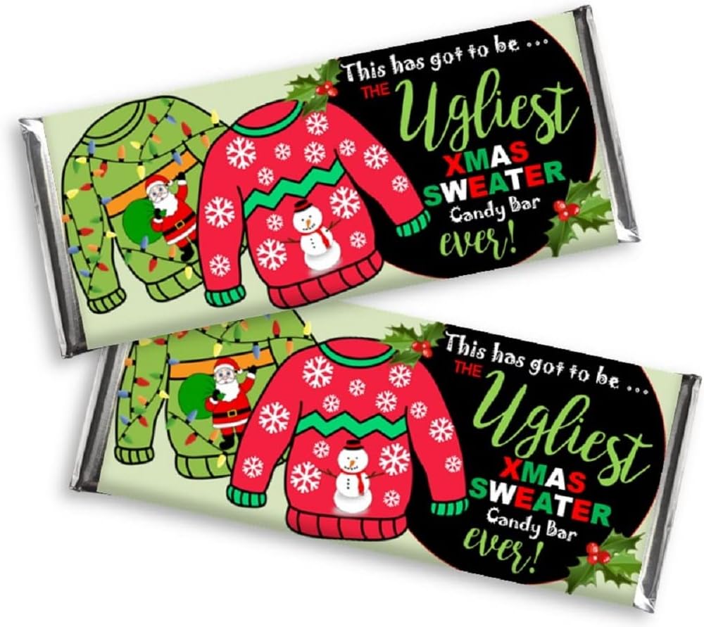 Christmas Candy Bar Wrappers-Personalized Wrappers for Chocolate Bar Favors-Ugly Christmas Xmas Sweater Party-Christmas Holiday Party-Office-Stocking Stuffers (Set of 12) Chocolate Not Included