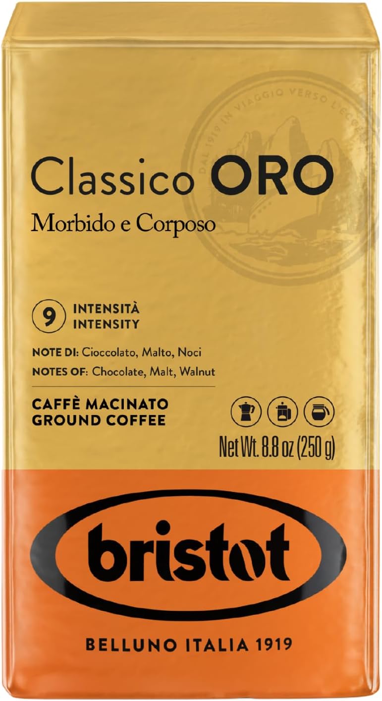 Bristot Classico Oro Italian Ground Espresso Brick – Smooth & Full-Bodied – Medium Roast – For Moka, French Press & Pour Over – 8.8 oz – 250 g