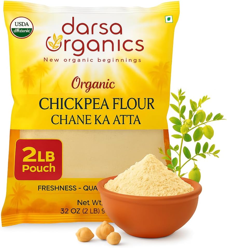 Darsa Organics Chickpea Flour 2 lb - Premium Stone Ground Besan Flour - Gluten Free Garbanzo Bean Flour for Baking and Cooking - Non-GMO Gram Flour, Chemical Free, Vacuum Sealed Bag