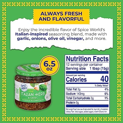 Spice World Garlic and Italian Herb Seasoning Blend – Ready-to-Use Seasonings for Cooking - 6.5oz Italian Seasoning Spice Adds Aromatic Flavor to Marinades, Pasta, Pizza, Dips, Veggies, & More
