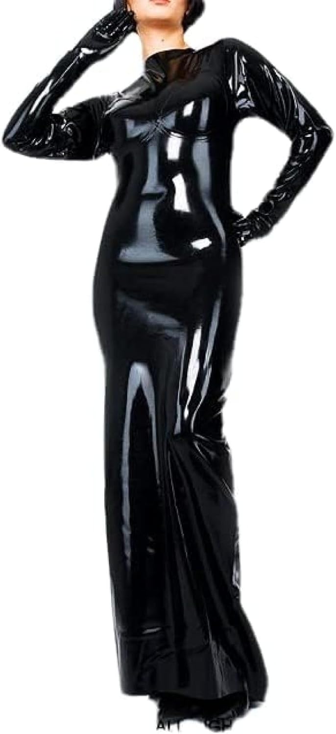 Black Long Sleeves Sexy Latex Dress with High Collar Zipper Back Rubber Gown Bodycon Playsuit,Black,XXL