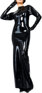 Black Long Sleeves Sexy Latex Dress with High Collar Zipper Back Rubber Gown Bodycon Playsuit,Black,XXL