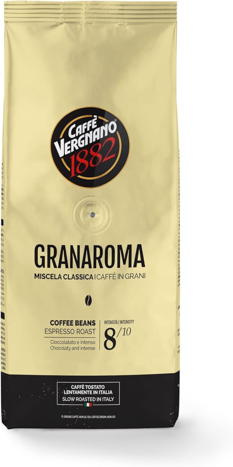 Caffe Vergnano 1882 Gran Aroma Whole Bean Arabica Medium Espresso Roast Coffee, 1.1lbs Bag - Italian Coffee Beans with Rich notes of Cocoa, Spices & Dried Fruit, Intensity 8/10-500g Bag
