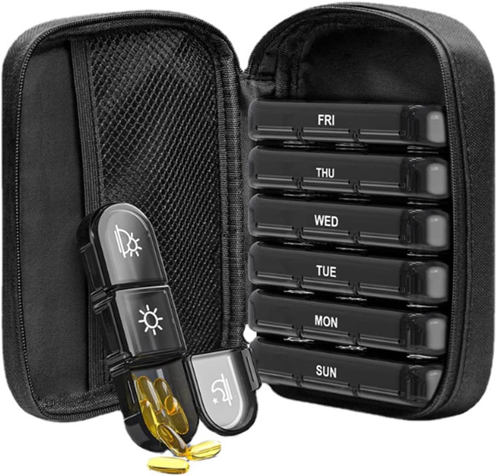 Pill Organiser 7 Day 3 Times, Travel Pill Dispenser, Weekly Pill Box Organisers, Store Medication, Vitamin, Fish Oil, Supplement,Black