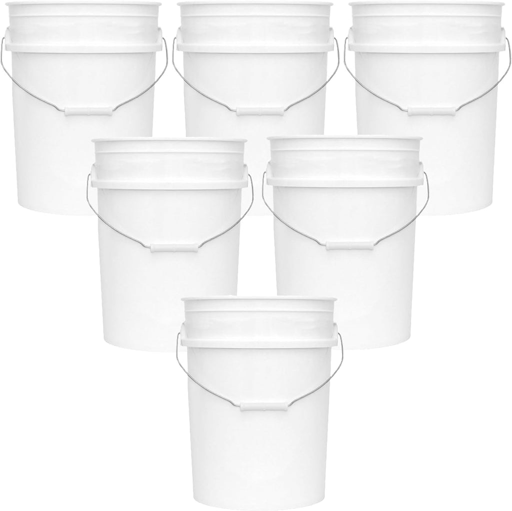 5-Gallon Bucket Only – No Lid Included, Made in USA, Food Grade BPA Free Plastic, Heavy Duty Multi-Use, Metal Handle with Grip, Stackable Storage – White, 6 Pack