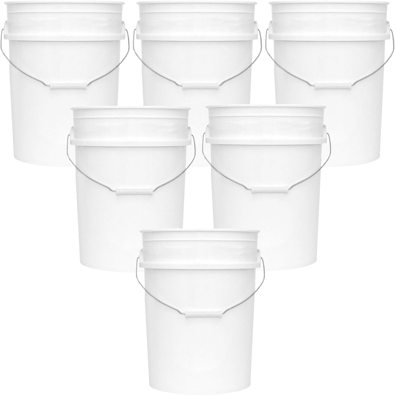5-Gallon Bucket Only – No Lid Included, Made in USA, Food Grade BPA Free Plastic, Heavy Duty Multi-Use, Metal Handle with Grip, Stackable Storage – White, 6 Pack