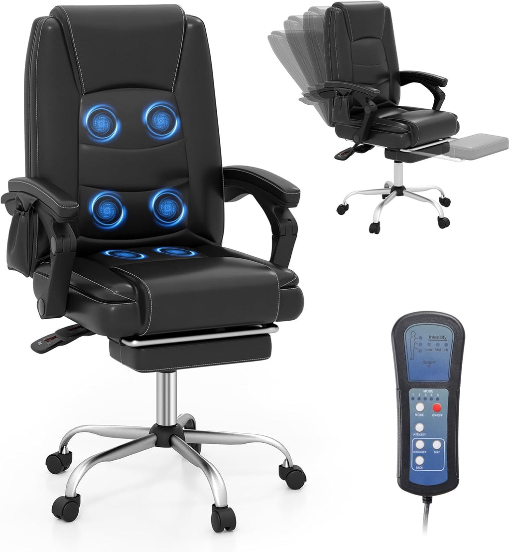 COSTWAY Big and Tall Office Chair, 6-Point Massage Desk Chair with Retractable Footrest, Reclining Backrest & Adjustable Swivel Seat, PU Leather Executive Chair with Wheels, 400 LBS Capacity, Black