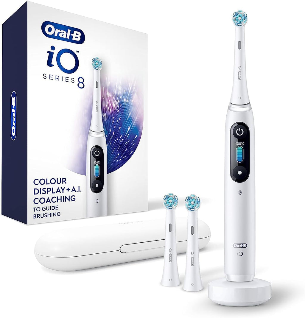 Oral-B iO Series 8 Electric Toothbrush with 2 Replacement Brush Heads and Travel Case, Rechargeable Toothbrush, Whitealabaster