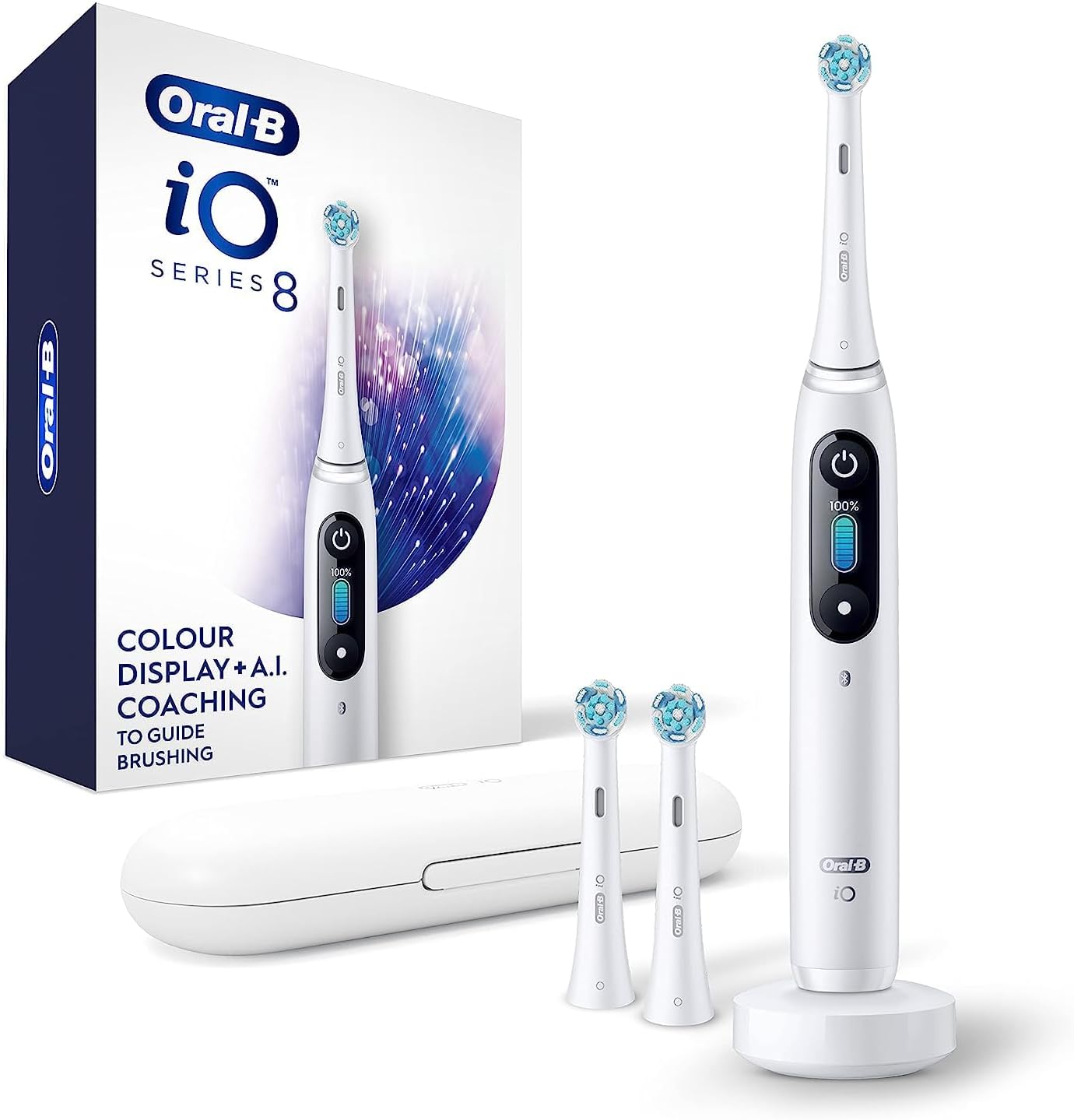 Oral-B iO Series 8 Electric Toothbrush with 2 Replacement Brush Heads and Travel Case, Rechargeable Toothbrush, Whitealabaster