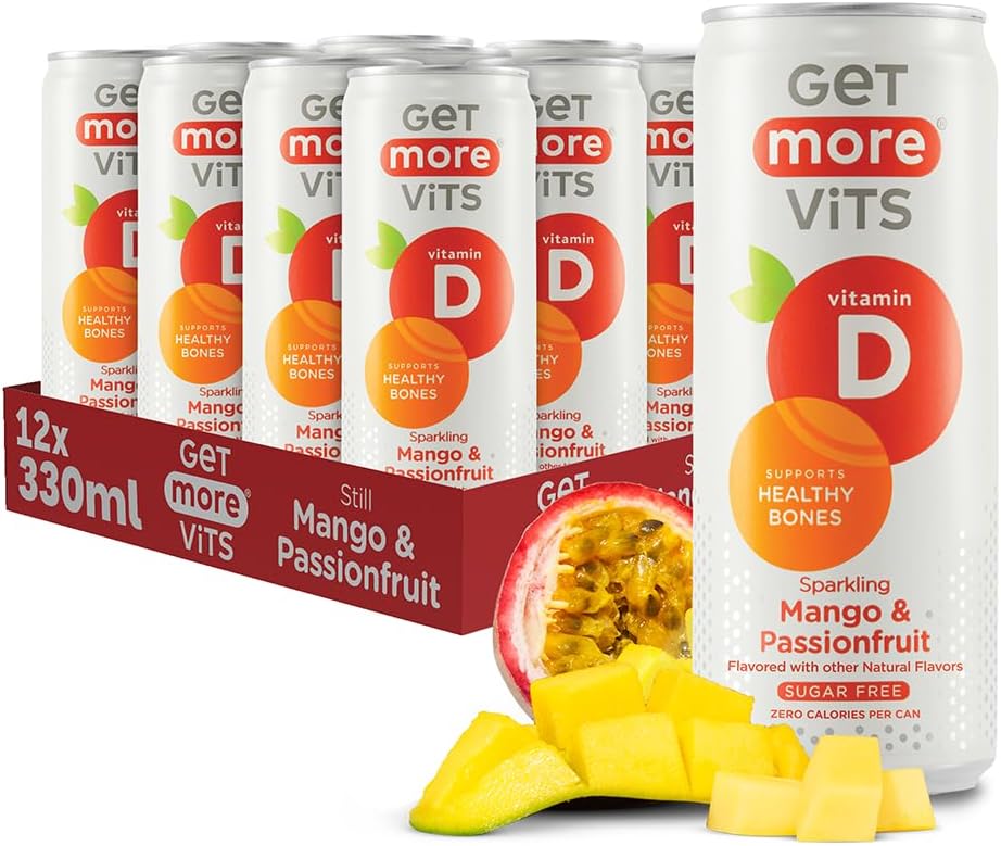 Get More Vits Vitamin D Sparkling Spring Water – Mango & Passionfruit, 12 x 330ml Cans – Sugar-Free, Low Calorie – 200% Daily Dose of Vitamin D plus Calcium – Immune System & Bone Support – Vegan &