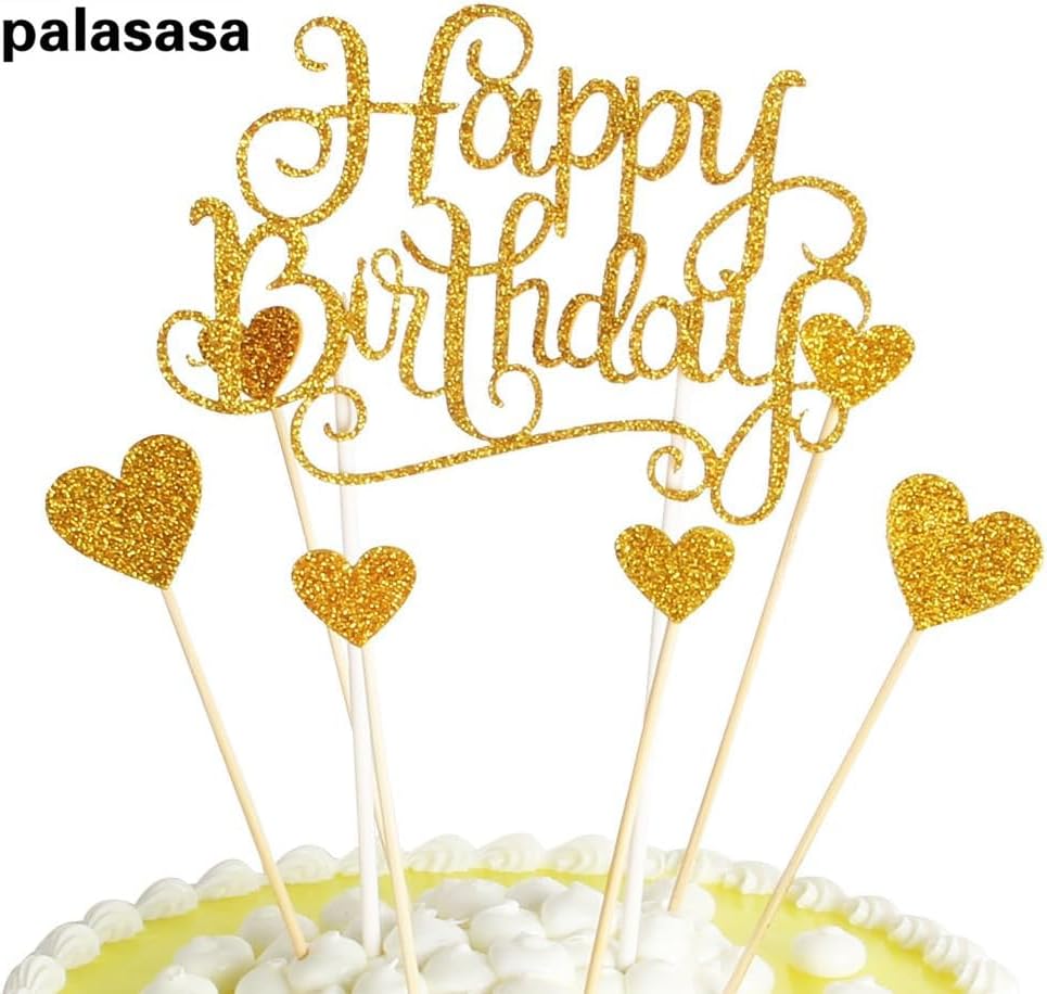 PALASASA Happy Birthday Cake Toppers Gold glitter letters"happy birthday"and love star,Party decor Decorations,Set of 7 (Gold)
