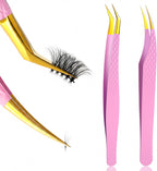 Lash Tweezers for Eyelash Extensions, 2 Pcs 90 Degree Fiber Tip Eyelash Extension Tweezers, Pink, False Lashes & Volume Lash, 2Pcs Set, For Lashes Technicians