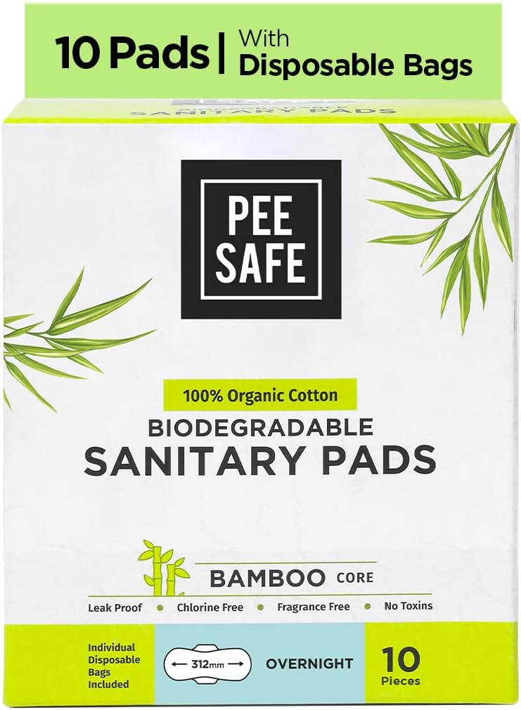 Pee Safe Biodegradable Overnight Sanitary Pads - Organic Cotton & Bamboo Pulp (Pack of 10) | Biodegradable Disposable Bags