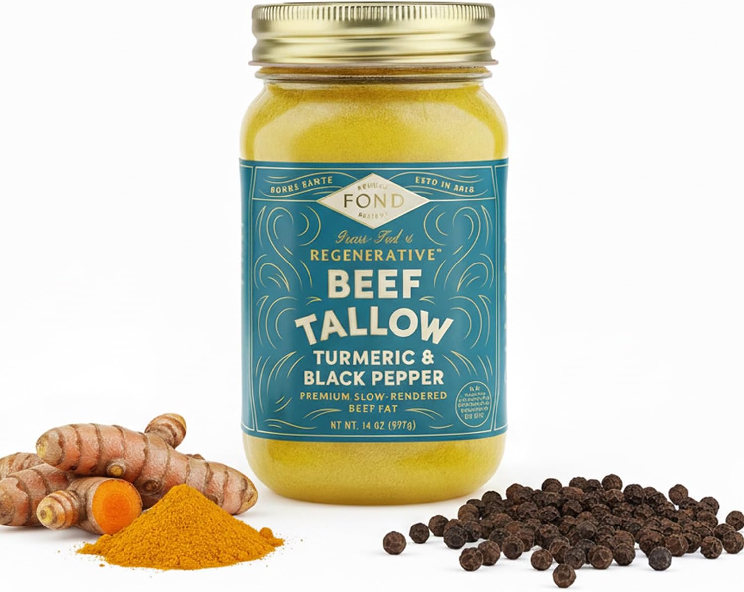 FOND Regenerative Grass-Fed Beef Tallow for Cooking – High Smoke Point Grass Fed Beef Tallow for Frying, Sautéing, & Roasting – Sustainably Sourced, Seed Oil Free – Turmeric & Black Pepper, 14oz