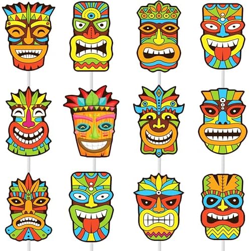 24pcs Hawaii Tiki Cupcake Toppers Hawaiian Luau Birthday Party Decorations Hawaiian Aloha Cake Cupcake Decorations for Hawaii Summer Theme Birthday Party Baby Shower Supplies