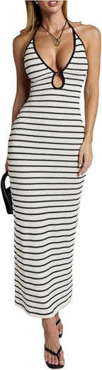 Milumia Women's Knitted Striped Backless Cut Out Halter V Neck Dress Sleeveless Bodycon Maxi Dresses