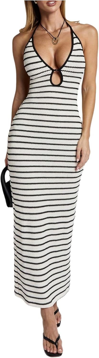 Milumia Women's Knitted Striped Backless Cut Out Halter V Neck Dress Sleeveless Bodycon Maxi Dresses