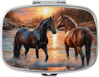 Horse Pill Box 2 Compartment Small Pill Case for Purse & Pocket Travel Portable Metal Medicine Box to Hold Vitamins Medication Fish Oil Supplements Horse for Women Men (YH3875)