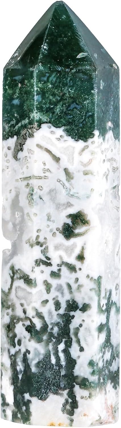 SUNYIK 2.3-3.1" Natural Moss Agate Crystal Wand, Polished 6 Facted Crystal Point Tower for Reiki Healing Meditation Divination Therapy Home Office Decor