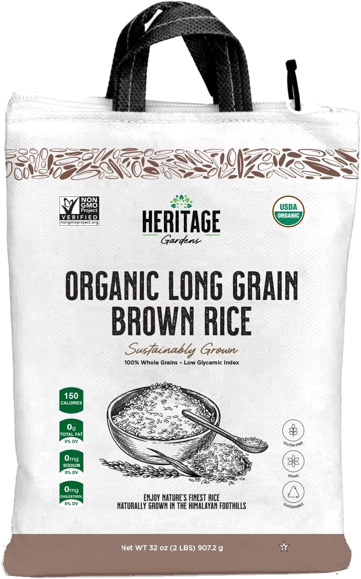 Heritage Gardens Organic Long Grain Brown Rice 80 oz (5 lb) – Whole Grain, Non-GMO, Gluten Free, Low-Arsenic, High Fiber – Himalayan Grown Everyday Brown Rice