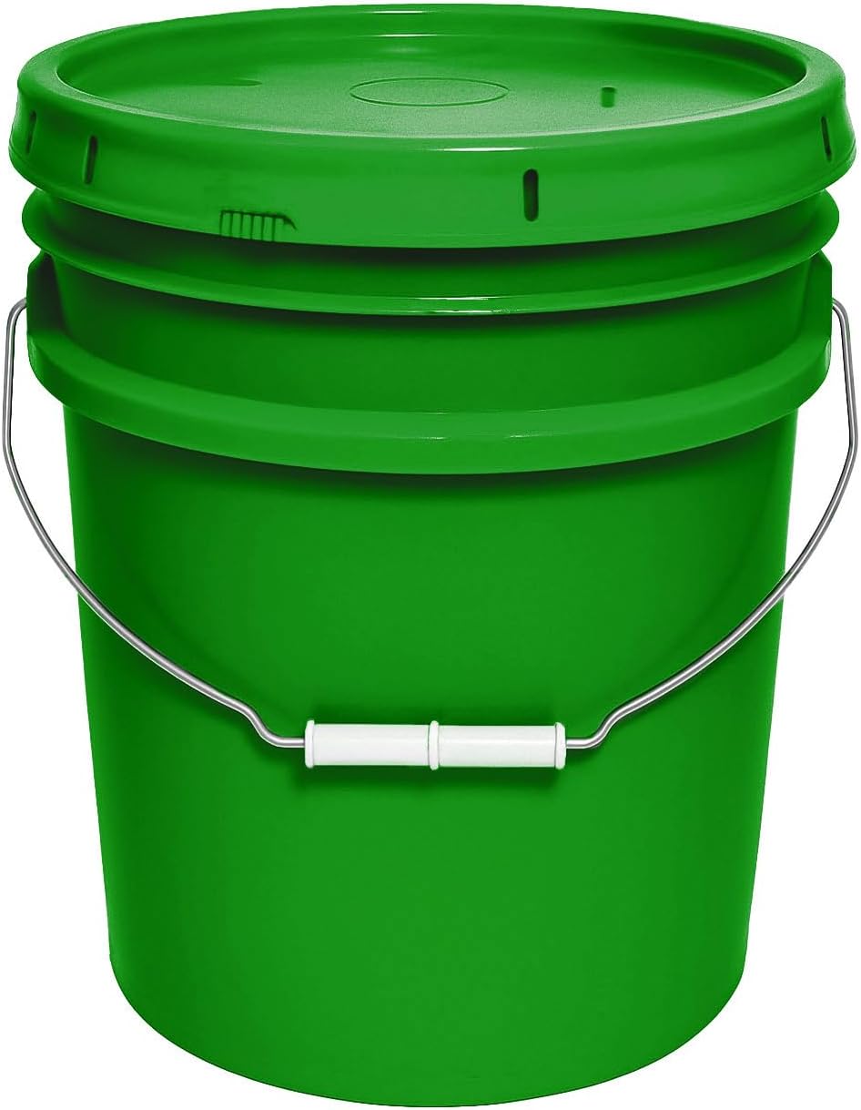 MKS Plastics 5-Gallon Bucket with Airtight Lid – Made in USA, Food Grade BPA Free Plastic, Heavy Duty Multi-Use, Metal Handle with Grip, Stackable Storage – Green, 1 Pack