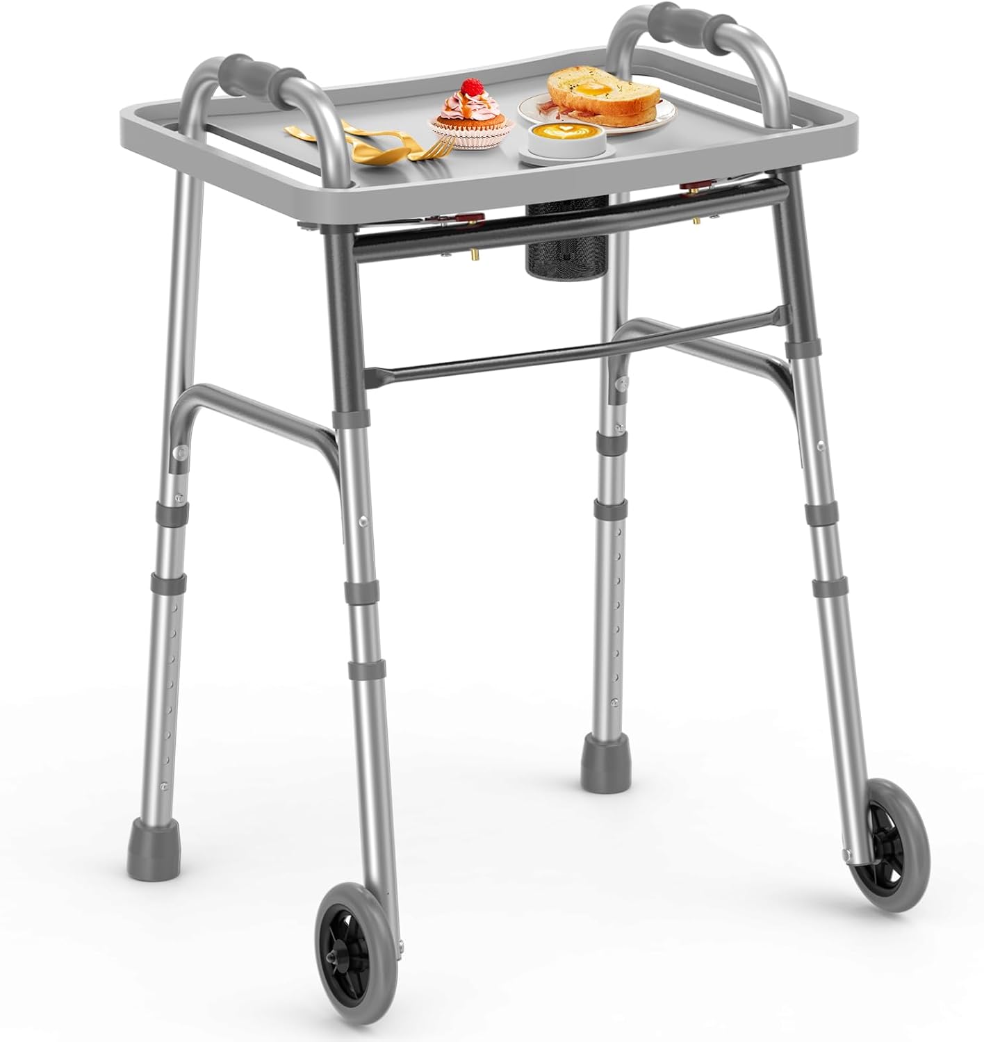 Folding Walker with Tray, 5" Wheels Lightweight Walkers for Seniors and Adults, Supports Up to 350 Pounds, Adjustable Height, Compact Standard Walker, Silver
