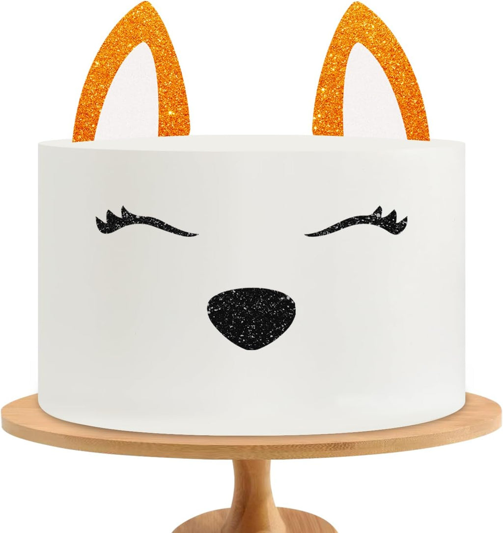 Fox Face Cake Topper, Fox Birthday Cake Decor, Orange Glitter Fox With Eyelashes Nose Ears Cake Topper for Baby Shower, Forest Animal Party Decoration