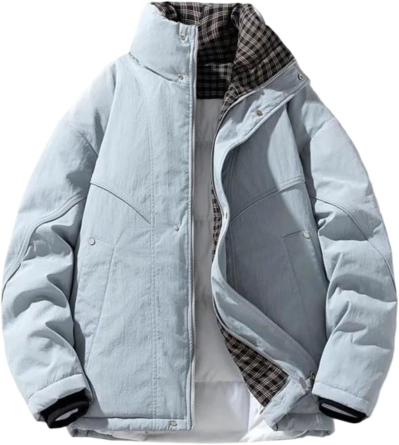 Men’S Vintage Patchwork Down Jacket Stand Collar Thicken Winter Zipper Coat