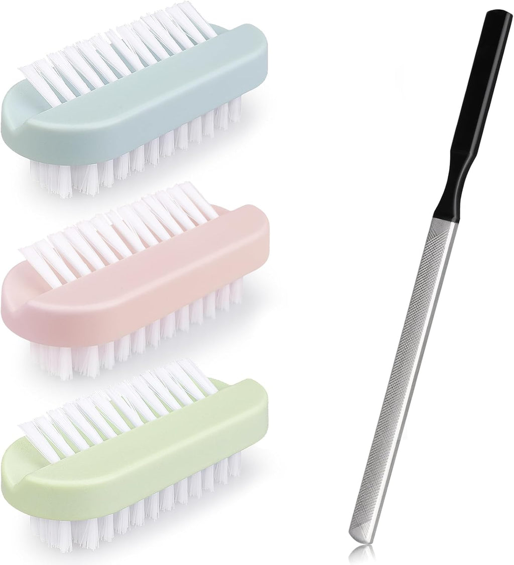 4PCS Nail Brush Long Toe Nail File Set - 3Pcs Two Sided Nail Scrubber Brushes for Cleaning Fingernails and 1Pcs Stainless Steel Long Toe Nail File for Thick Nails, Efficient Nail Care Tool