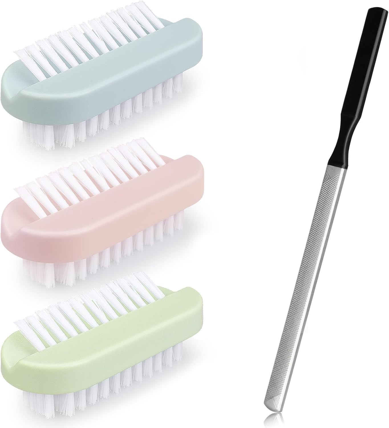 4PCS Nail Brush Long Toe Nail File Set - 3Pcs Two Sided Nail Scrubber Brushes for Cleaning Fingernails and 1Pcs Stainless Steel Long Toe Nail File for Thick Nails, Efficient Nail Care Tool