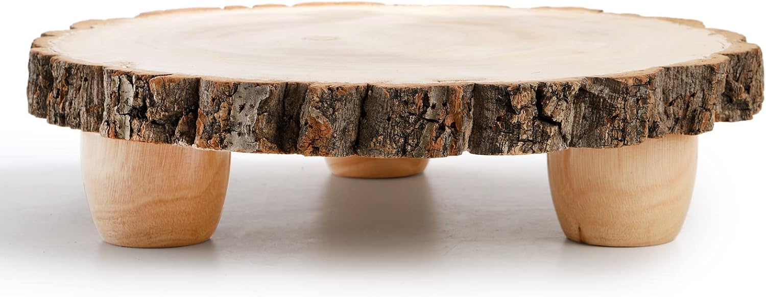 Frcctre 11 Inch Wood Cake Stand, Round Wooden Cupcake Pedestal, Paulownia Woods Slice with Legs, Rustic Cake Holder Wooden Serving Tray Serving Board Display Wood Plant Stand