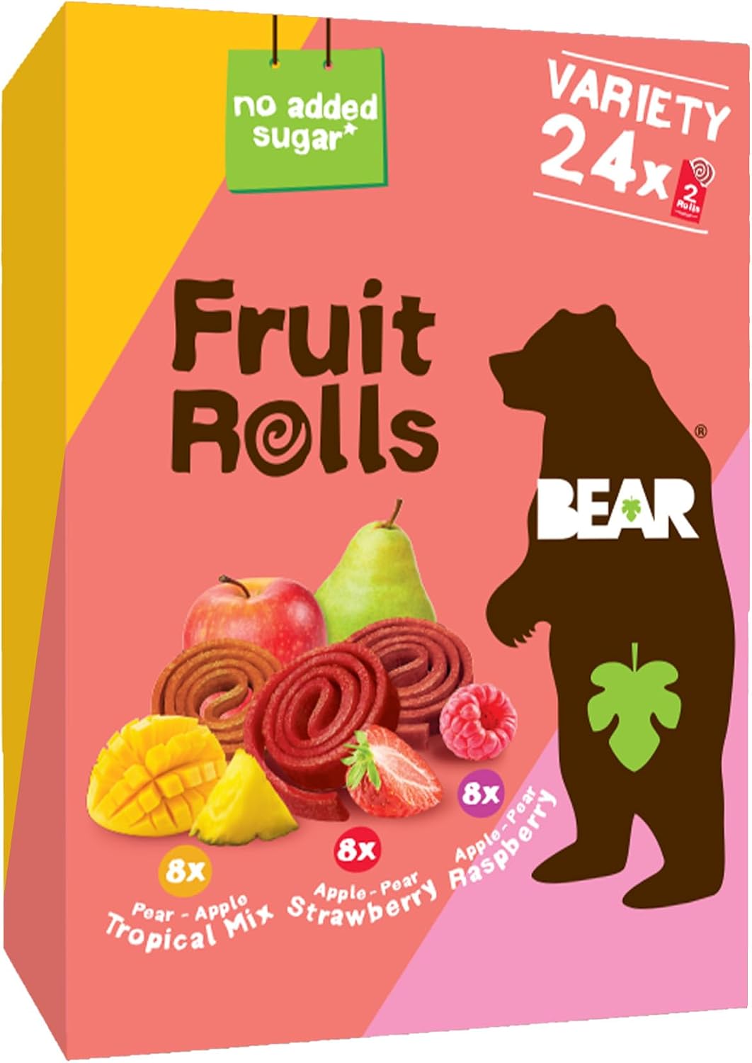 BEAR Real Fruit Snack Rolls - Gluten Free, Vegan, and Non-GMO - Variety Pack (Strawberry, Raspberry, Tropical)) – 48 Rolls, Healthy School and Lunch Snacks for Kids and Adults, 0.7 Ounce (Pack of 24)