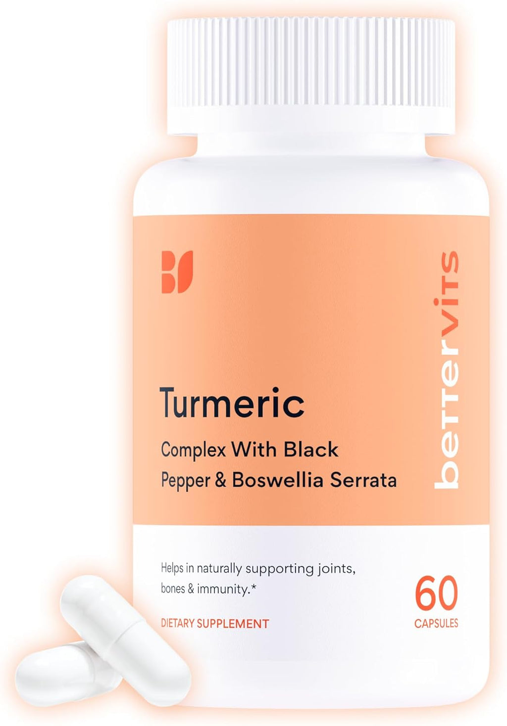 Bettervits Turmeric Curcumin Supplement with Black Pepper and Boswellia Serrata | Organic 1000mg Turmeric Supplement for Enhanced Absorption and Vitamin C | Joint Support - Non-GMO | 60 Vegan Capsules