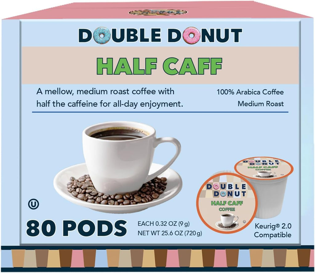 Double Donut Coffee Half Caff Coffee Pods, Single Serve Half Caffeine Coffee Pods For Keurig K Cup Brewers, Medium Roast, 80 Count