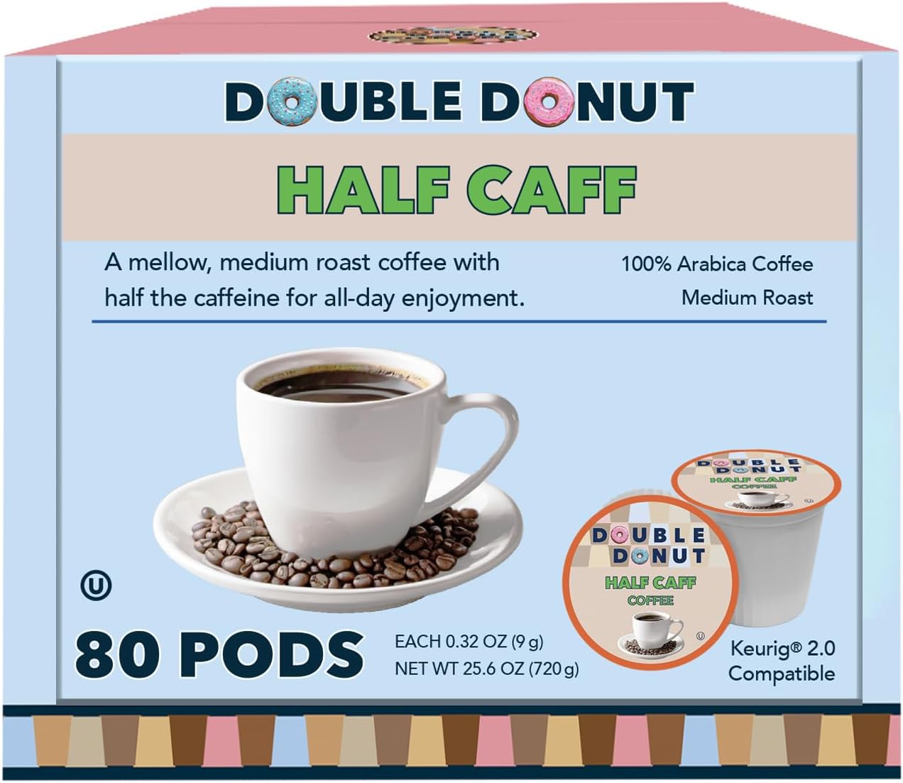 Double Donut Coffee Half Caff Coffee Pods, Single Serve Half Caffeine Coffee Pods For Keurig K Cup Brewers, Medium Roast, 80 Count