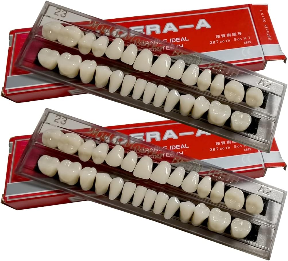 56 Pcs False Teeth Dental Complete Acrylic Resin Denture Teeth, 2 Set Whole Teeth Synthetic Polymer Denture Tooth, 23 Shade A2 Upper + Lower Dental Materials for Replacement, DIY, or Halloween
