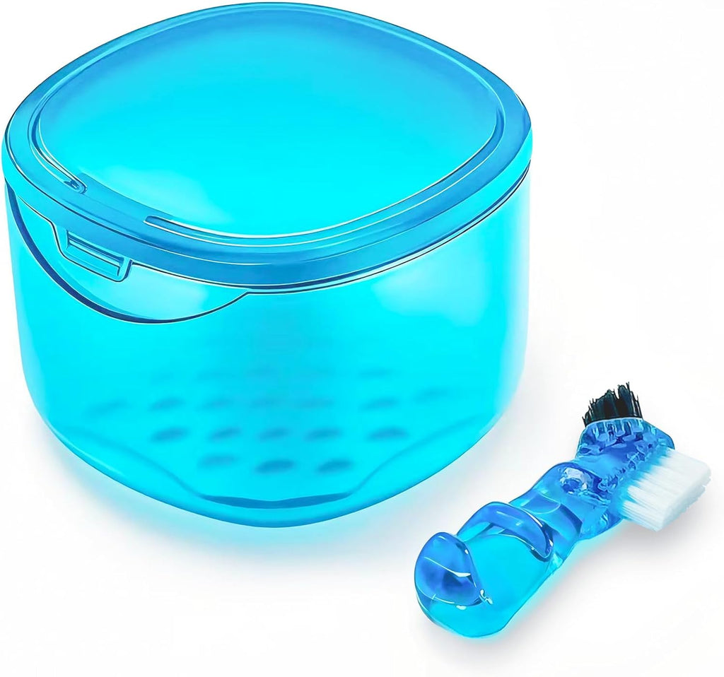Denture Bath Case Denture Soaking Container with Lid Leak Proof, False Teeth Holder Mouthguard Storage Box Retainer Soaking Case - Transparent Blue